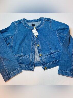 J.Crew Collarless Denim women’s Jacket Gold Button Dark Indigo Blue Size 8 NWT